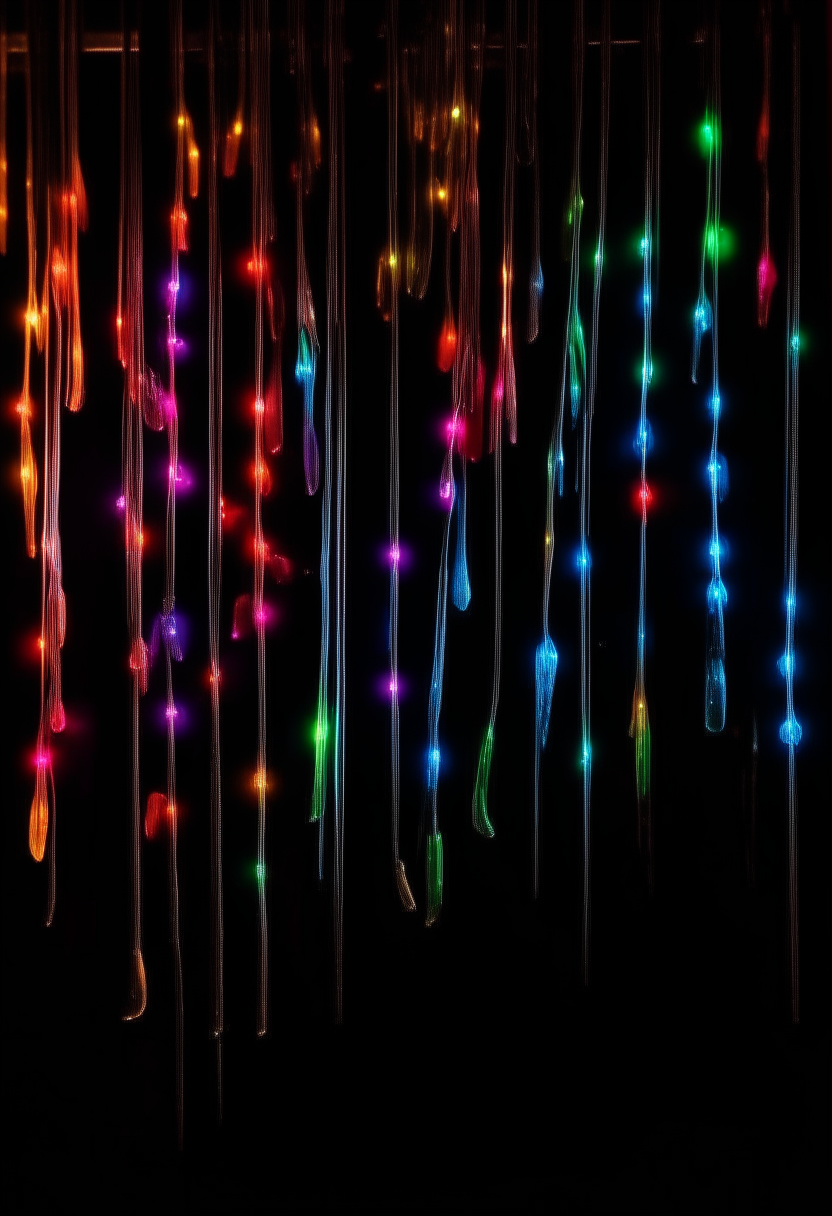 A string of colorful LED lights hanging vertically against a black background