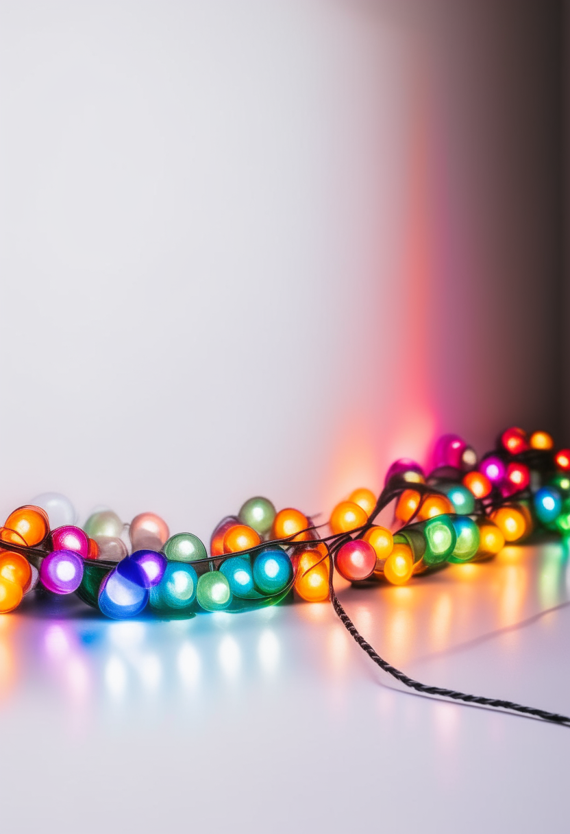 A vertical string of colorful LED lights against a white wall background