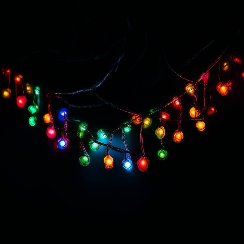 a string of colorful led lights hanging against a black background