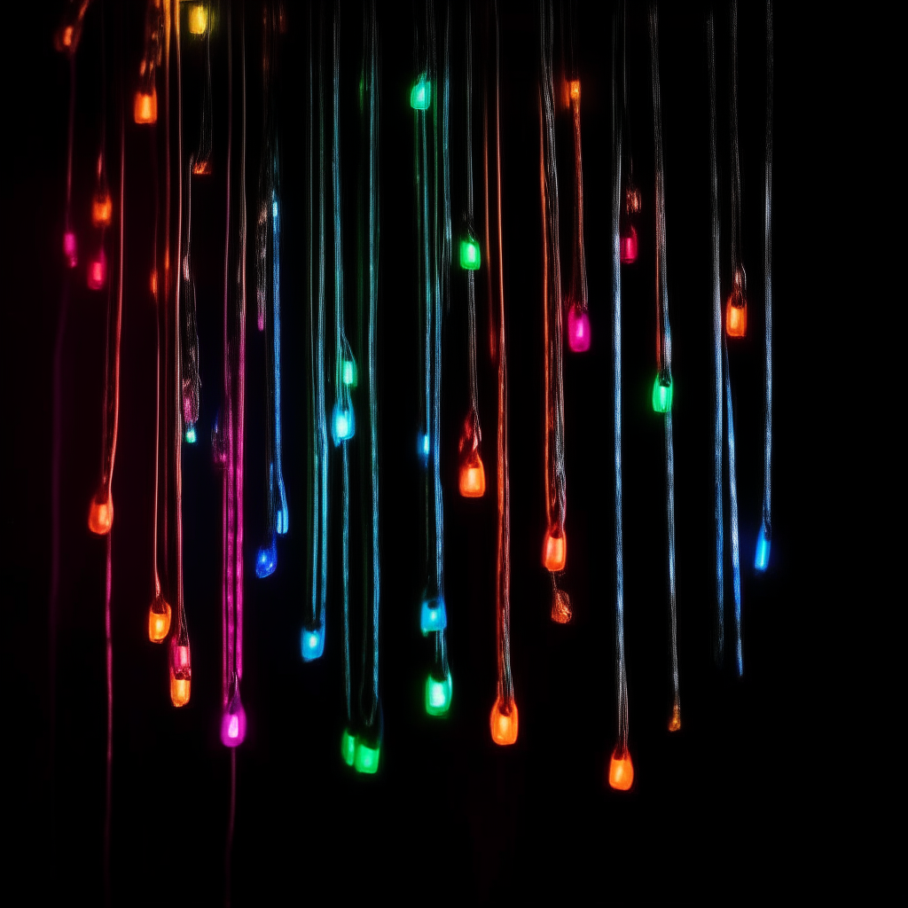 a string of colorful led lights hanging vertically against a black background