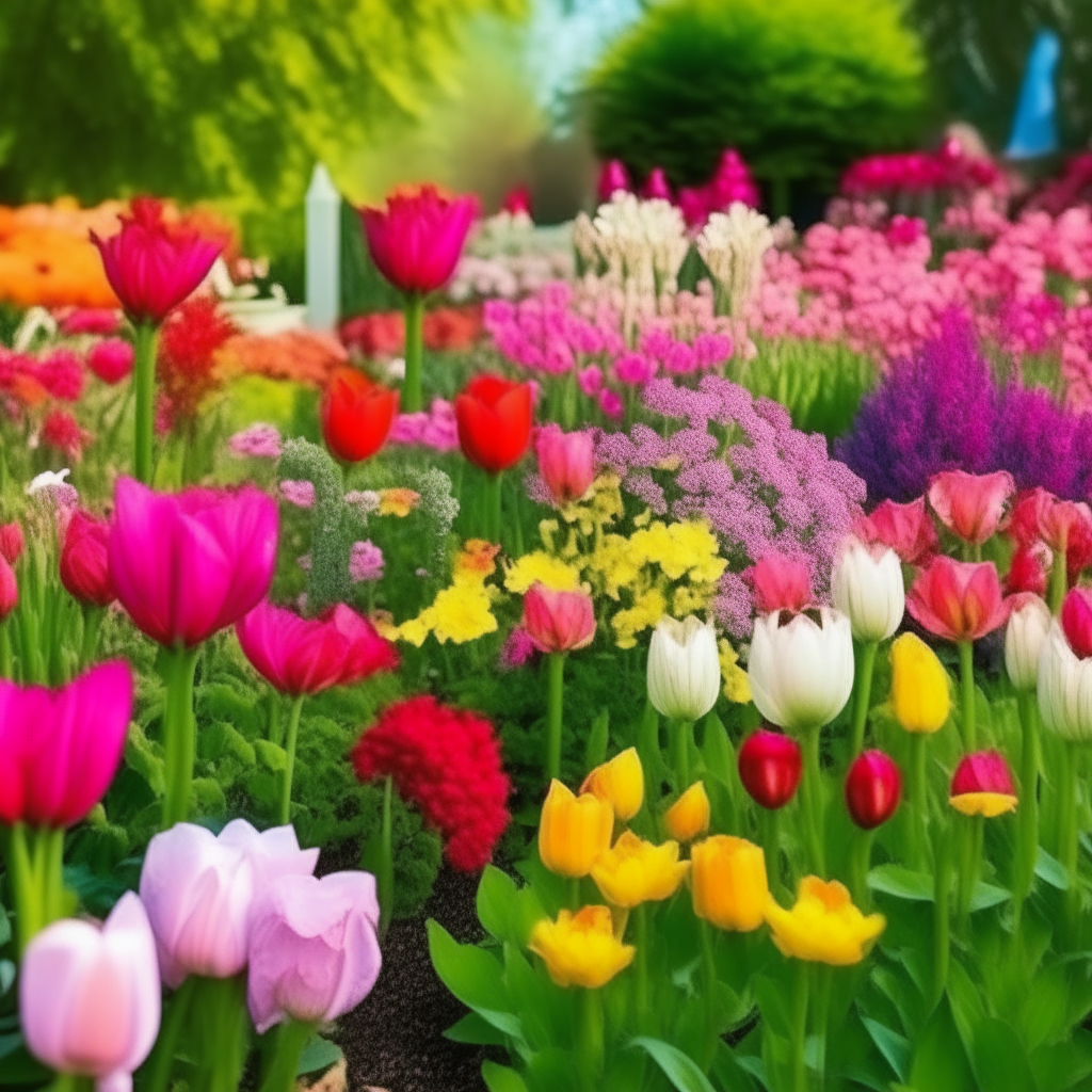 a beautiful flower garden with a variety of colorful flowers like roses, tulips, daisies and lilies