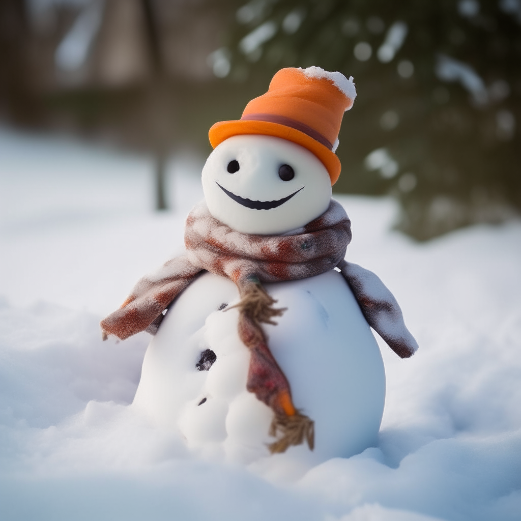 a winter scene with fresh white snow on the ground and a snowman with a scarf, hat and carrot nose