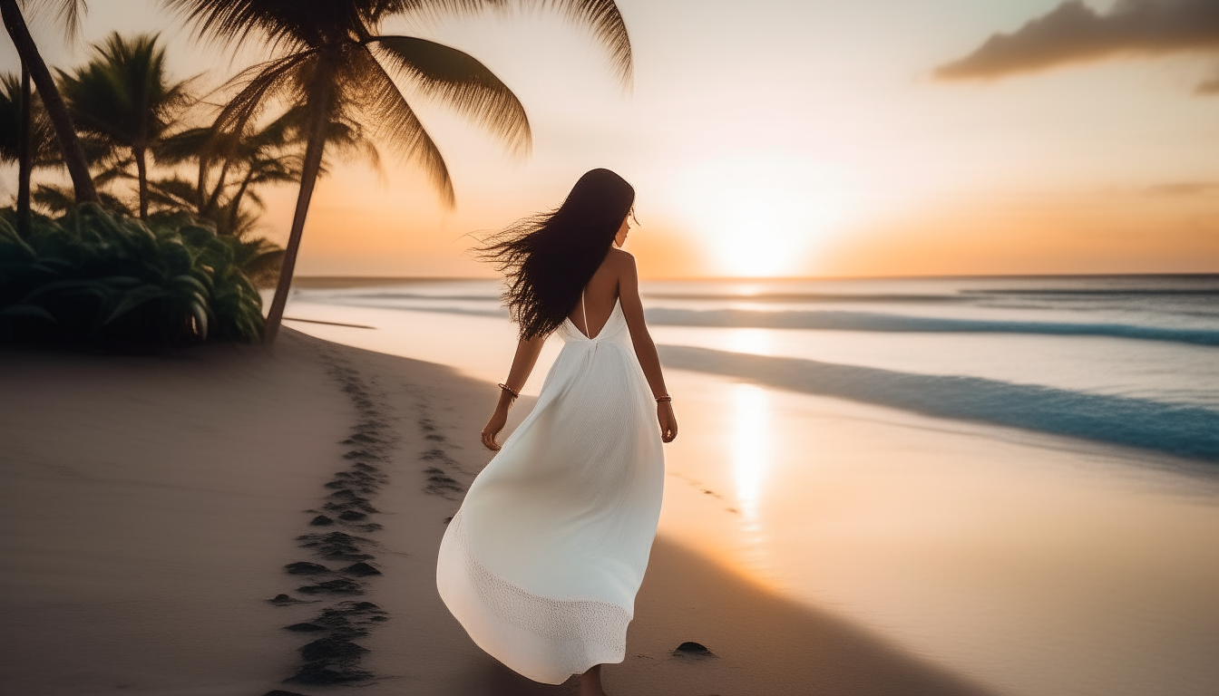 A beautiful young woman with long black hair, wearing a white dress, walking barefoot on a sandy tropical beach at sunset with palm trees and the ocean behind her.