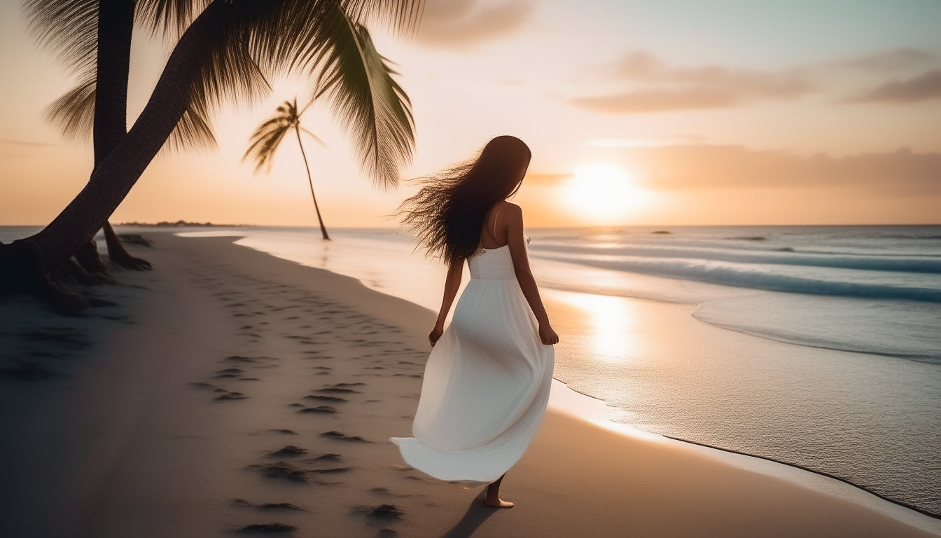 A beautiful young woman with long black hair, wearing a white dress, walking barefoot on a sandy tropical beach at sunset with palm trees and the ocean behind her.