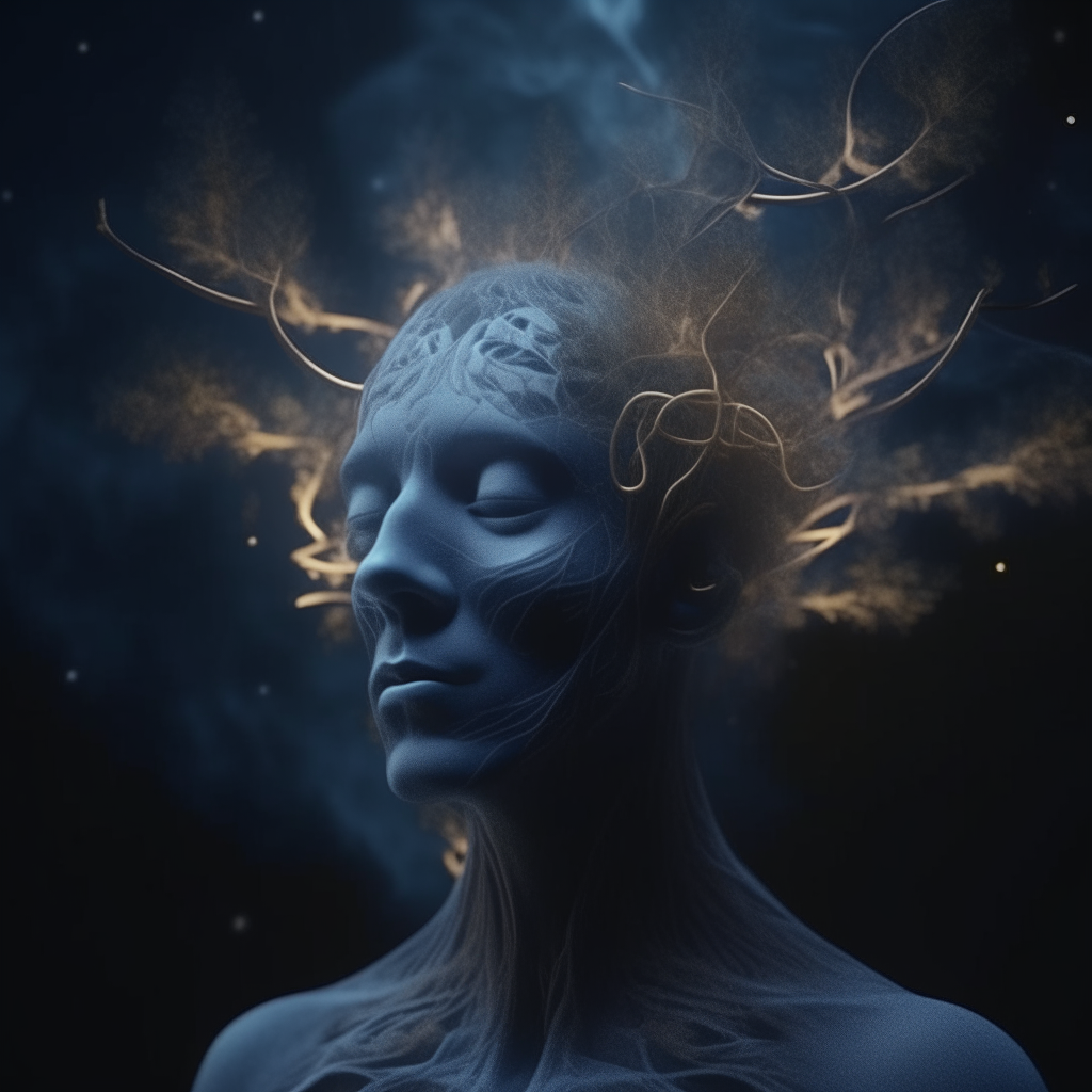 Hyper realistic animation of 3d fractal smoke volumetric spirit with masculine stern face of Egregor of Fear and wreath of oak leaves and long branches with neurons on his head. High detail, HD. On the background of the night city.