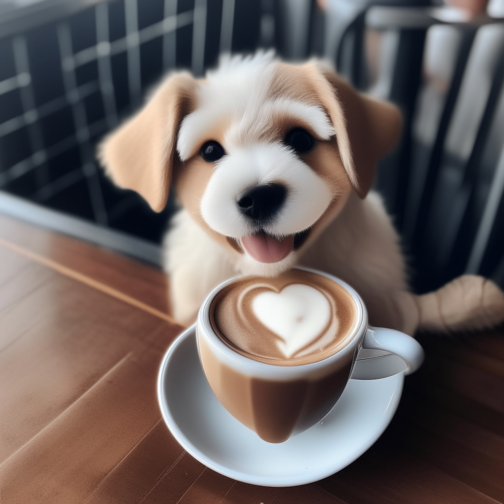 a happy puppy drinking a latte with heart-shaped foam art