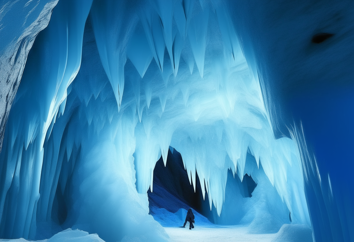 an expansive, beautiful ice cave in Iceland, with blue and white ice walls and icicles hanging from the ceiling, digital art