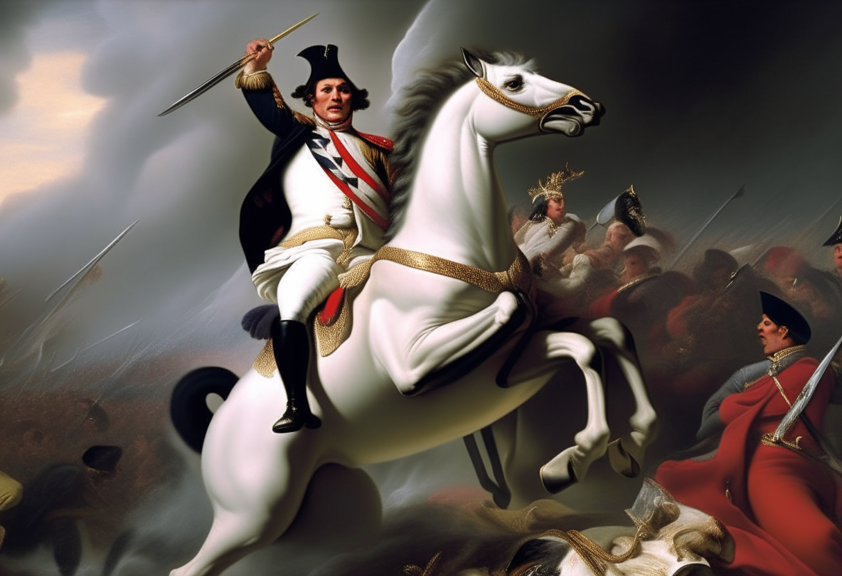 A dramatic oil painting portrait of Napoleon Bonaparte heroically leading his troops into battle on a rearing white horse. Napoleon points his sword forward and shouts to motivate his soldiers. The background shows an epic battle scene with soldiers fighting