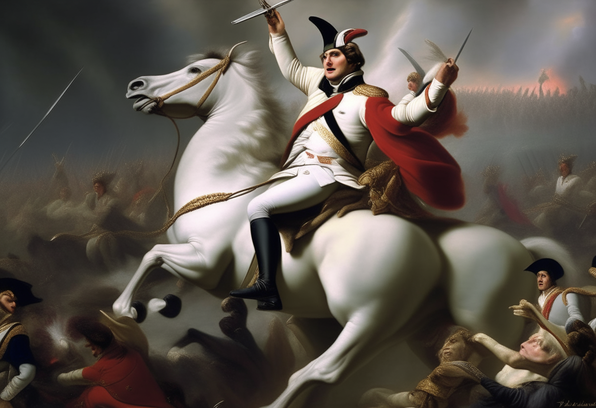 A dramatic oil painting portrait of Napoleon Bonaparte heroically leading his troops into battle on a white horse. Napoleon points his sword forward and shouts to motivate his soldiers. The background shows an epic battle scene with soldiers fighting. Text overlay reads 'Victory belongs to the most persevering'.