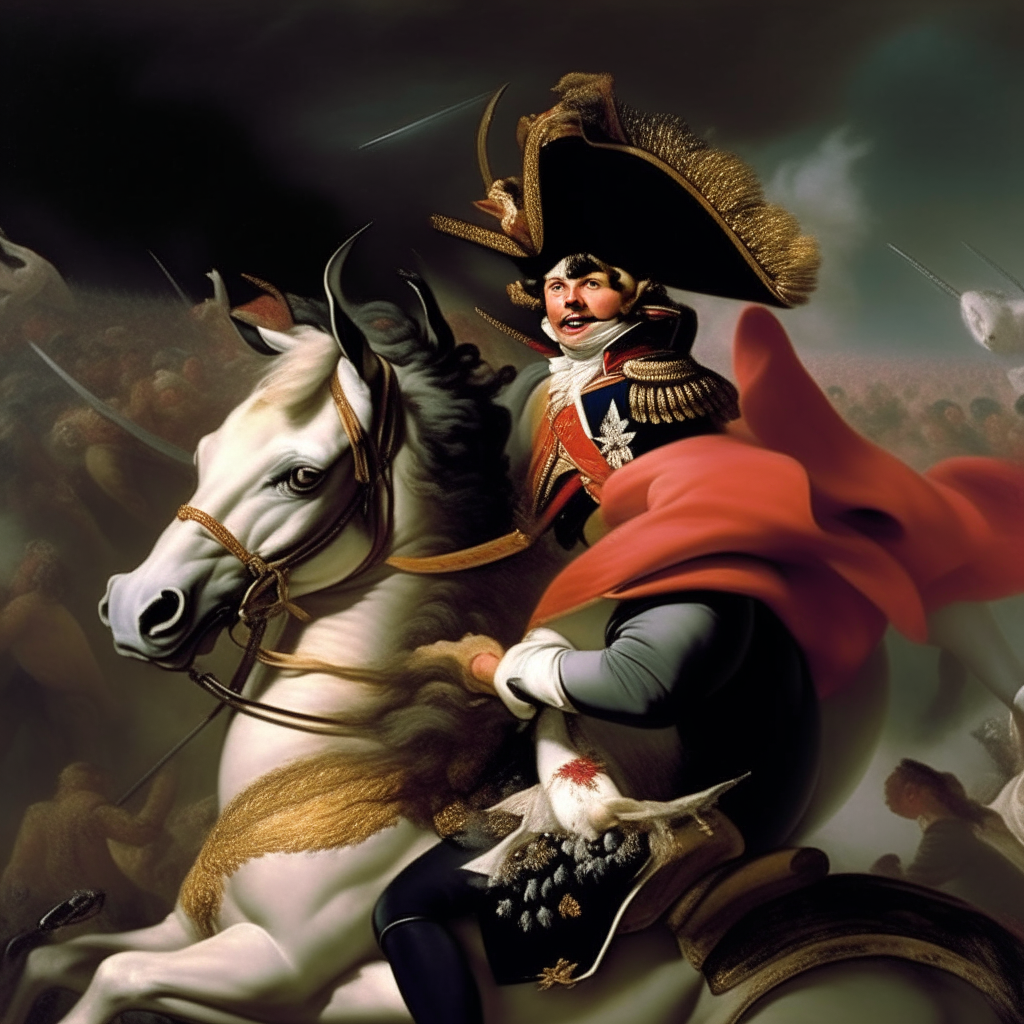 A painting of Napoleon Bonaparte heroically leading his troops into battle on a white horse. Napoleon points his sword forward shouting to motivate his soldiers. The background shows an epic battle scene.