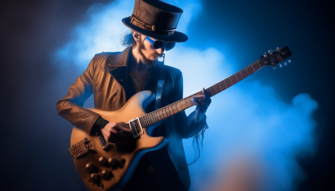 hypper realistically a guy in the style of steampunk-playing electric guitar,studio warm light,blue smoke.