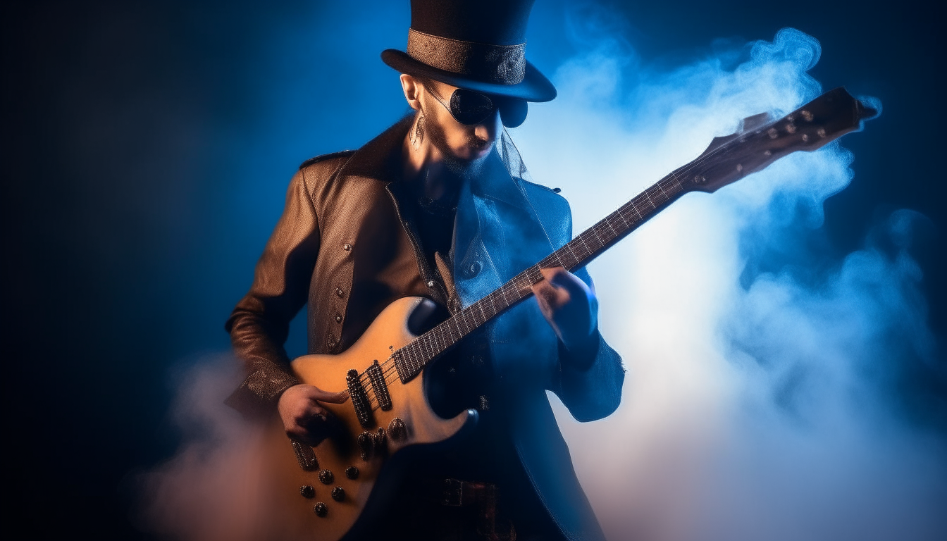 hypper realistically a guy in the style of steampunk-playing electric guitar,studio warm light,blue smoke.