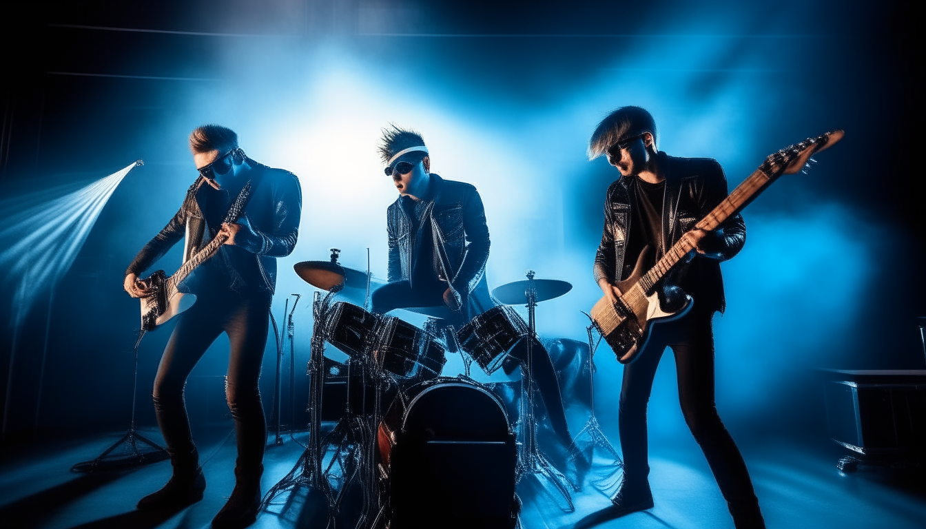 hyper-realistic picture of four guys on stage in the style of style punk, each with his own musical instrument (electric guitar, drums, saxophone, trombone) - playing on stage, studio warm lighting, blue smoke.