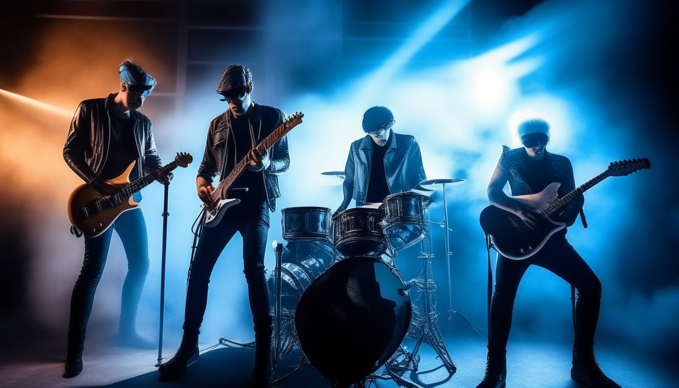 hyper-realistic picture of four guys on stage in the style of style punk, each with his own musical instrument (electric guitar, drums, saxophone, trombone) - playing on stage, studio warm lighting, blue smoke.