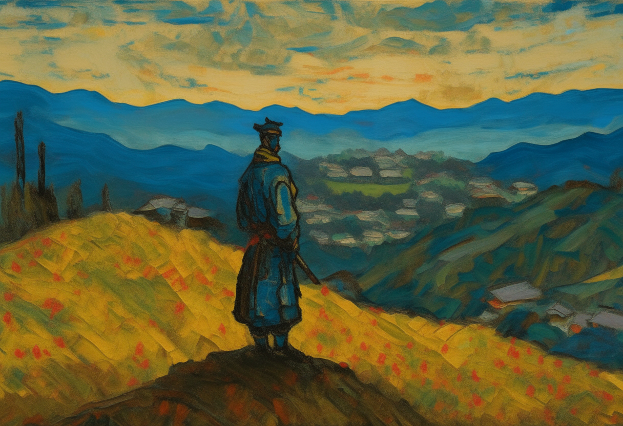 a painting of a samurai warrior standing alone on a hilltop overlooking a village, in the post-impressionist style of Vincent Van Gogh