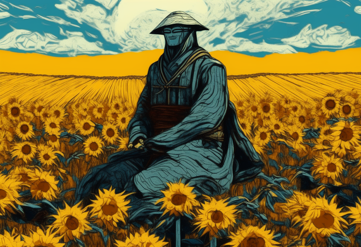 a samurai meditating in a field of sunflowers, in the style of a Van Gogh painting