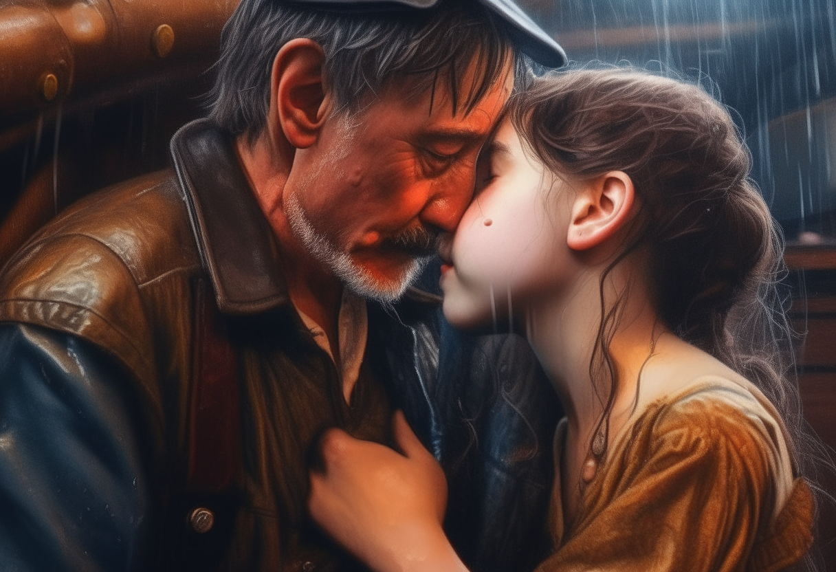 A man embracing and kissing a 13-year-old girl while wet, steampunk, painting, 4k HDR