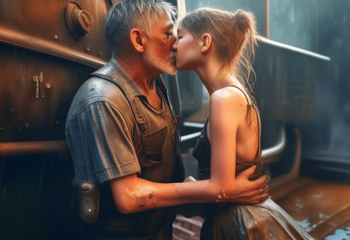 A man embracing and kissing a 13-year-old girl wearing sleeveless dress and shorts while wet, steampunk, painting, 4k HDR