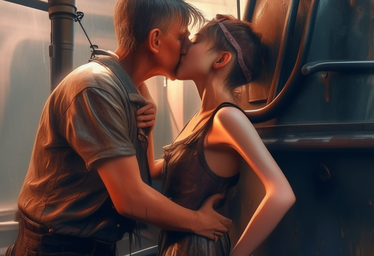 A man making love and kissing a 13-year-old girl wearing sleeveless dress and shorts while wet, steampunk, painting, 4k HDR