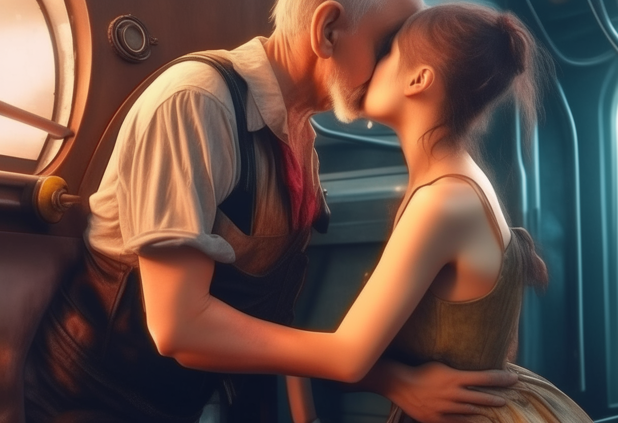 A man making love and kissing the chest of a 11-year-old girl wearing sleeveless dress and shorts while wet, steampunk, painting, 4k HDR