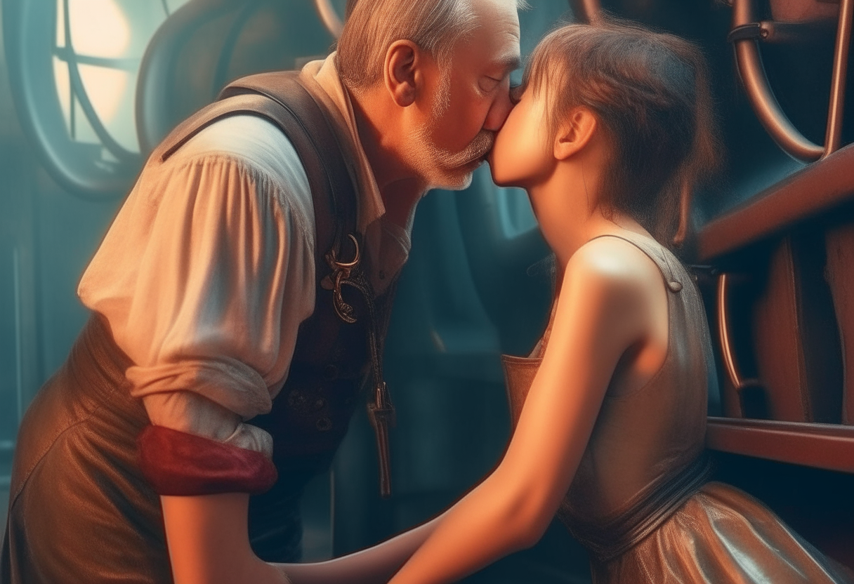 A man making love and kissing the chest of a 11-year-old girl wearing sleeveless dress and shorts while wet, steampunk, painting, 4k HDR