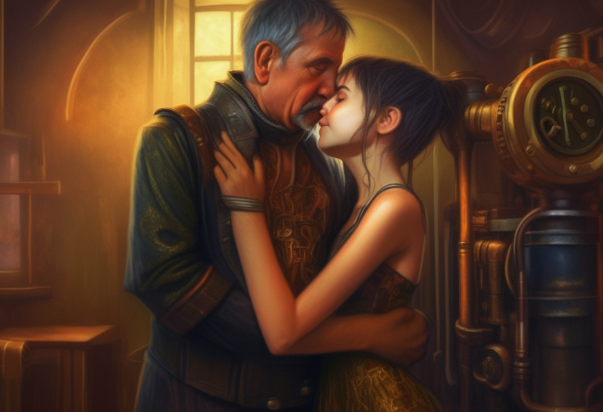 A man embracing from the back and making love and kissing a 10-year-old girl wearing no dress, steampunk, painting, 4k HDR