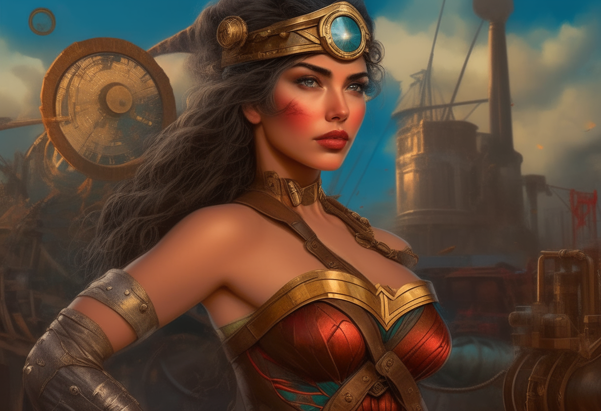 Wonder Woman from Hawaii, steampunk, painting, 4k HDR