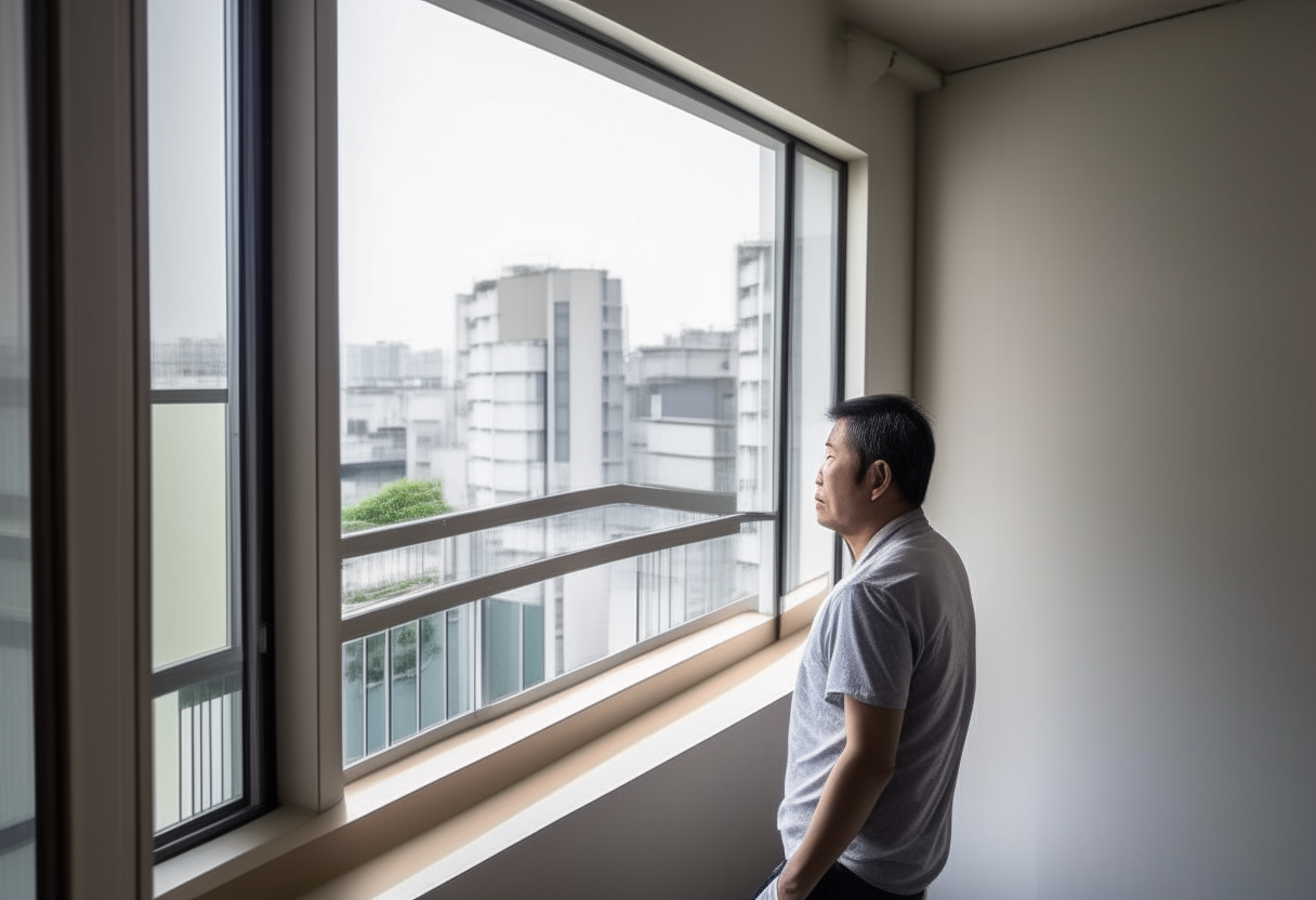 Un uomo giapponese in un appartamento moderno guarda fuori dalla finestra vedendo la vita che scorre nella città sottostante, immagine ad alta risoluzione