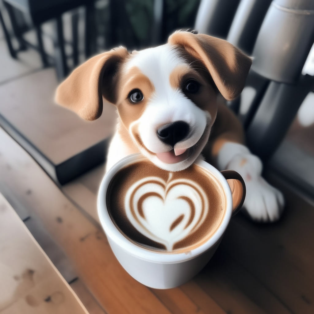 a happy puppy drinking a latte with heart-shaped foam art