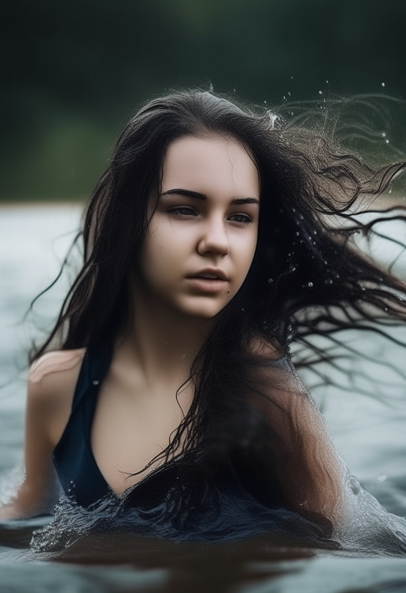 Una chica joven y hermosa con cabello largo y negro nadando bajo el agua cristalina, se ve muy etérea y angelical, imagen en alta resolución