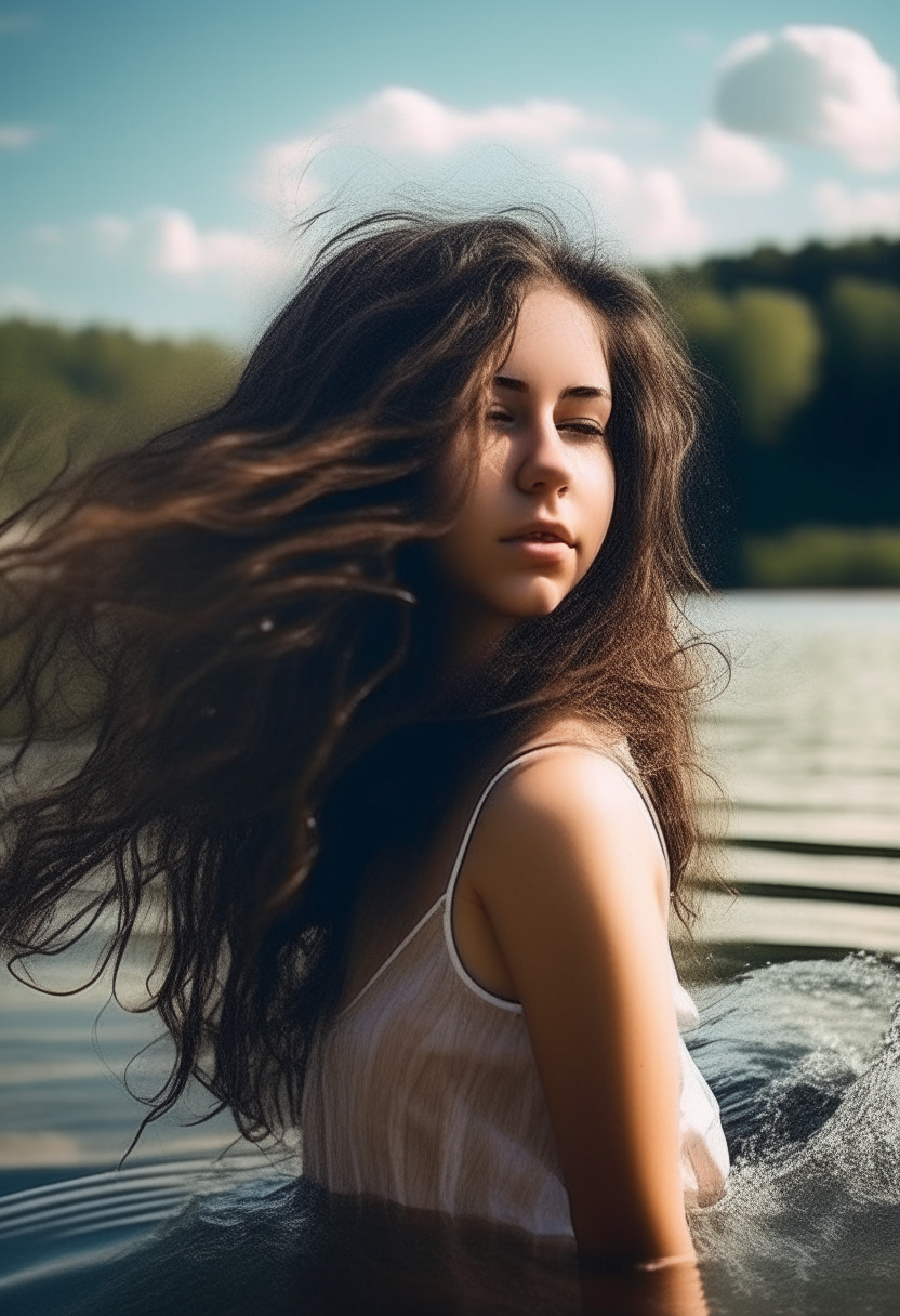 Una chica joven con cabello largo y castaño nadando bajo el agua cristalina de un lago, se ve muy etérea y angelical, imagen en alta resolución