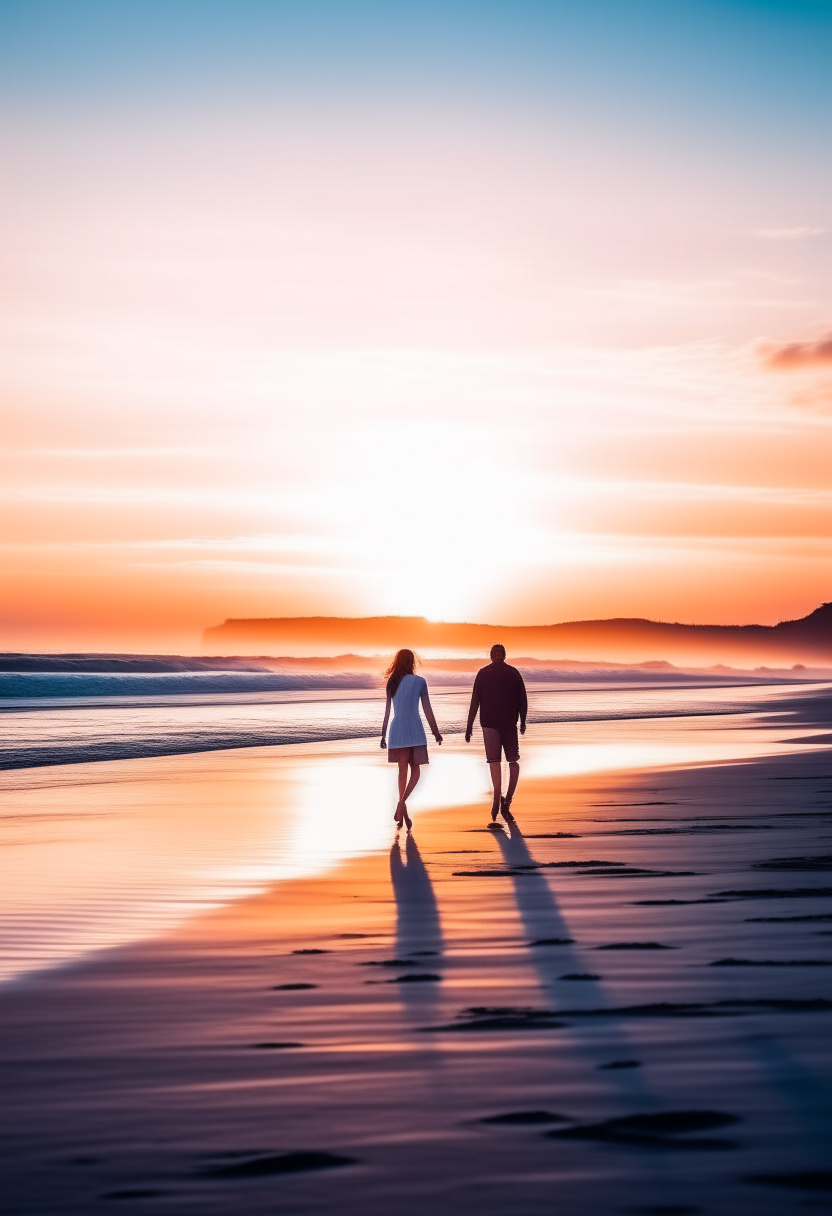 A man and a girl are walking on the beach at sunrise 