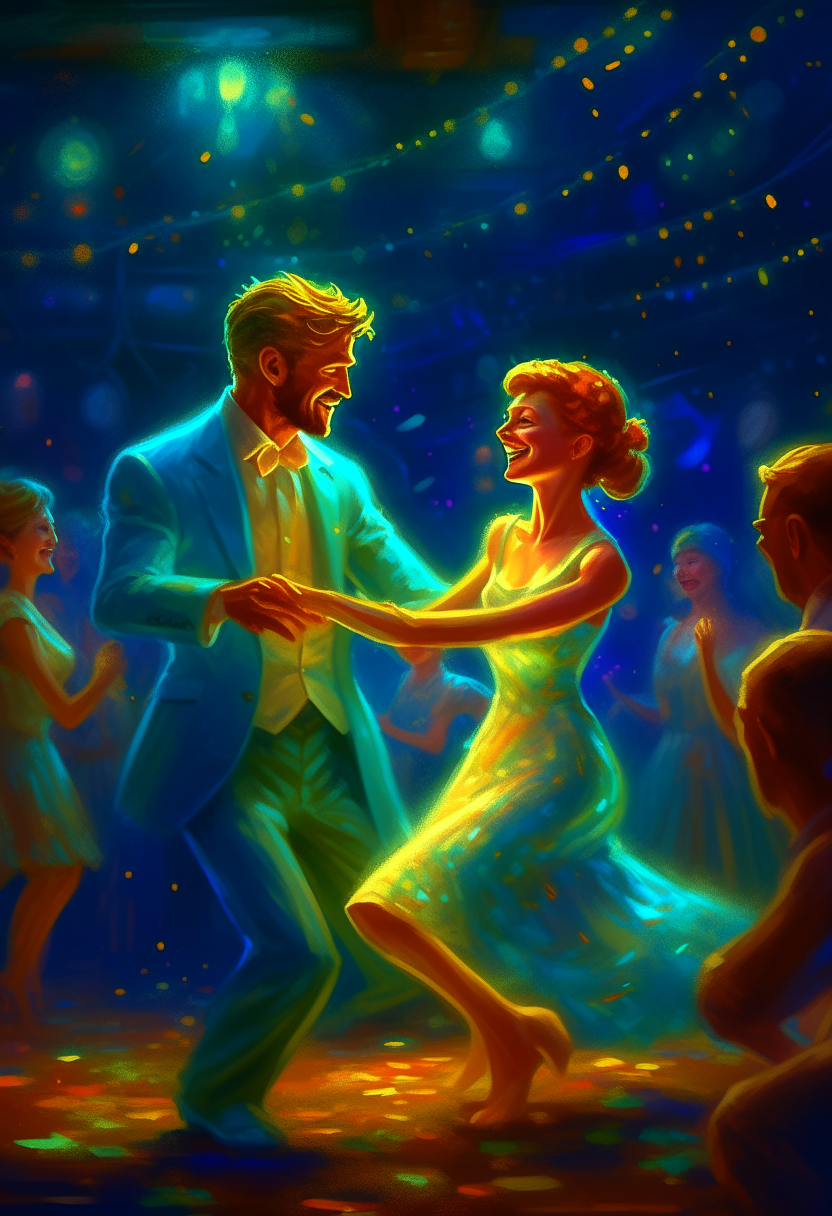 Animation of a man and a girl dancing at a party 