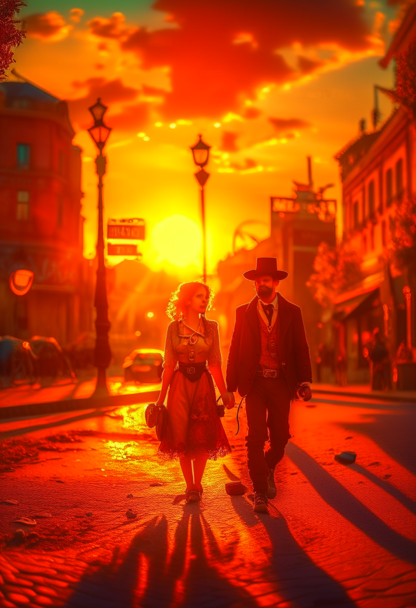 A man and a girl are walking in a city alone at sunset 