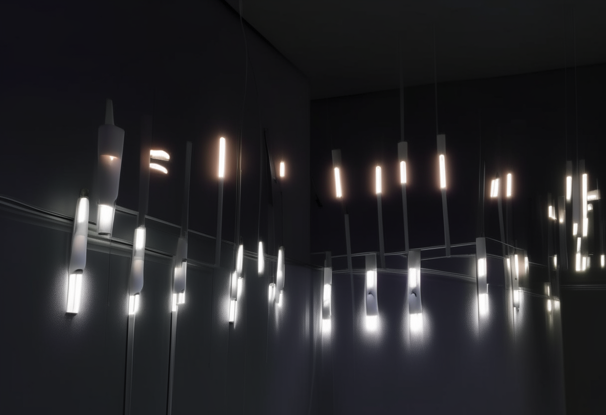 LED lights hanging vertically on a white wall