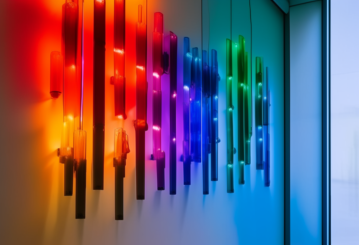 LED lights in red, green, blue, yellow, purple and orange colors hanging vertically on a white wall