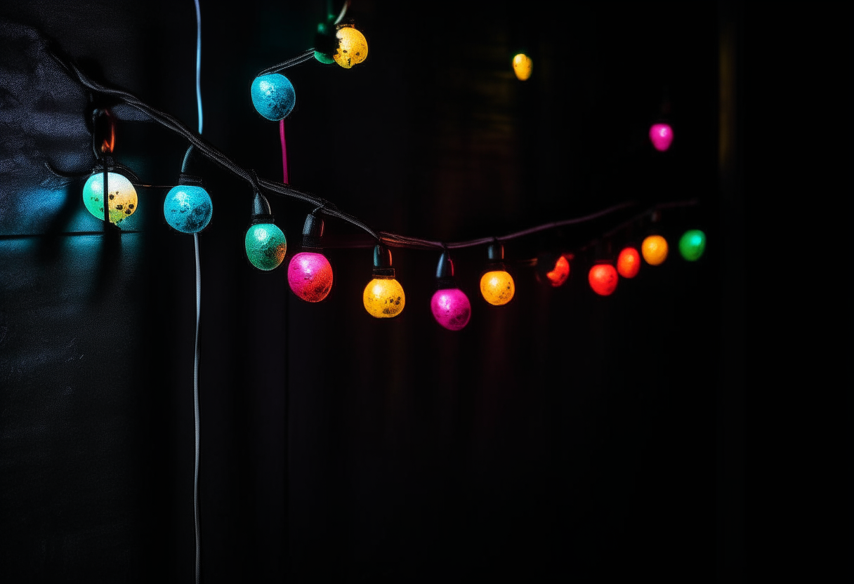 A string of colorful LED lights hanging on a black wall