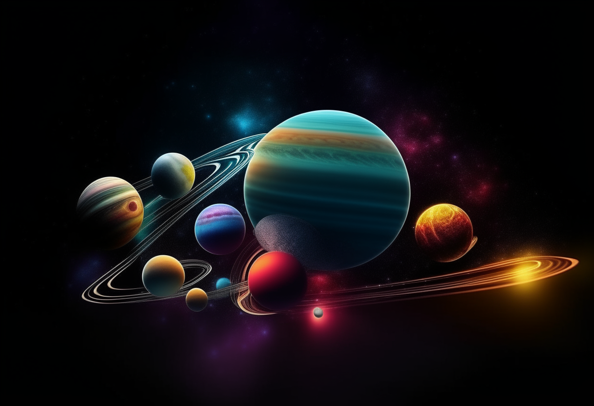 The planets of the solar system with colorful LED lights orbiting each one against a black background