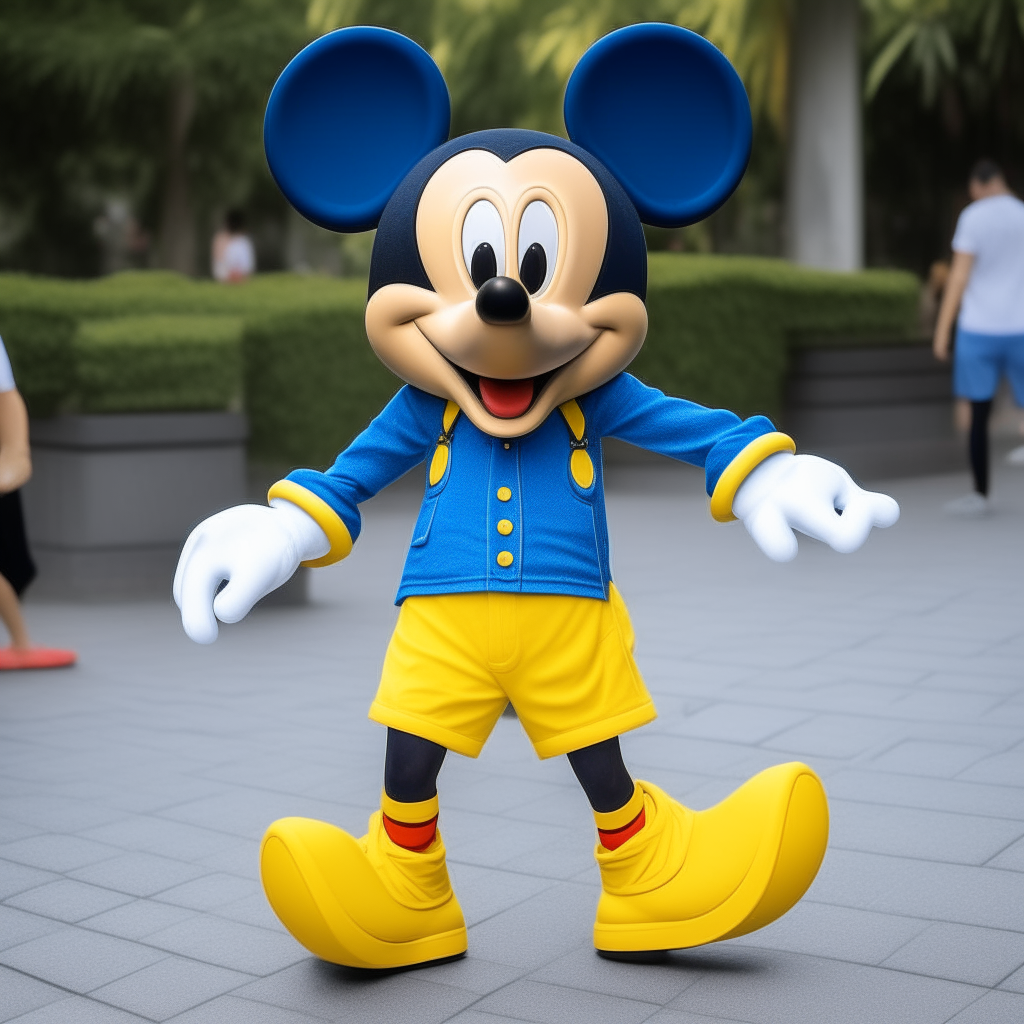 Mickey Mouse wearing blue shorts and yellow shoes, smiling and waving