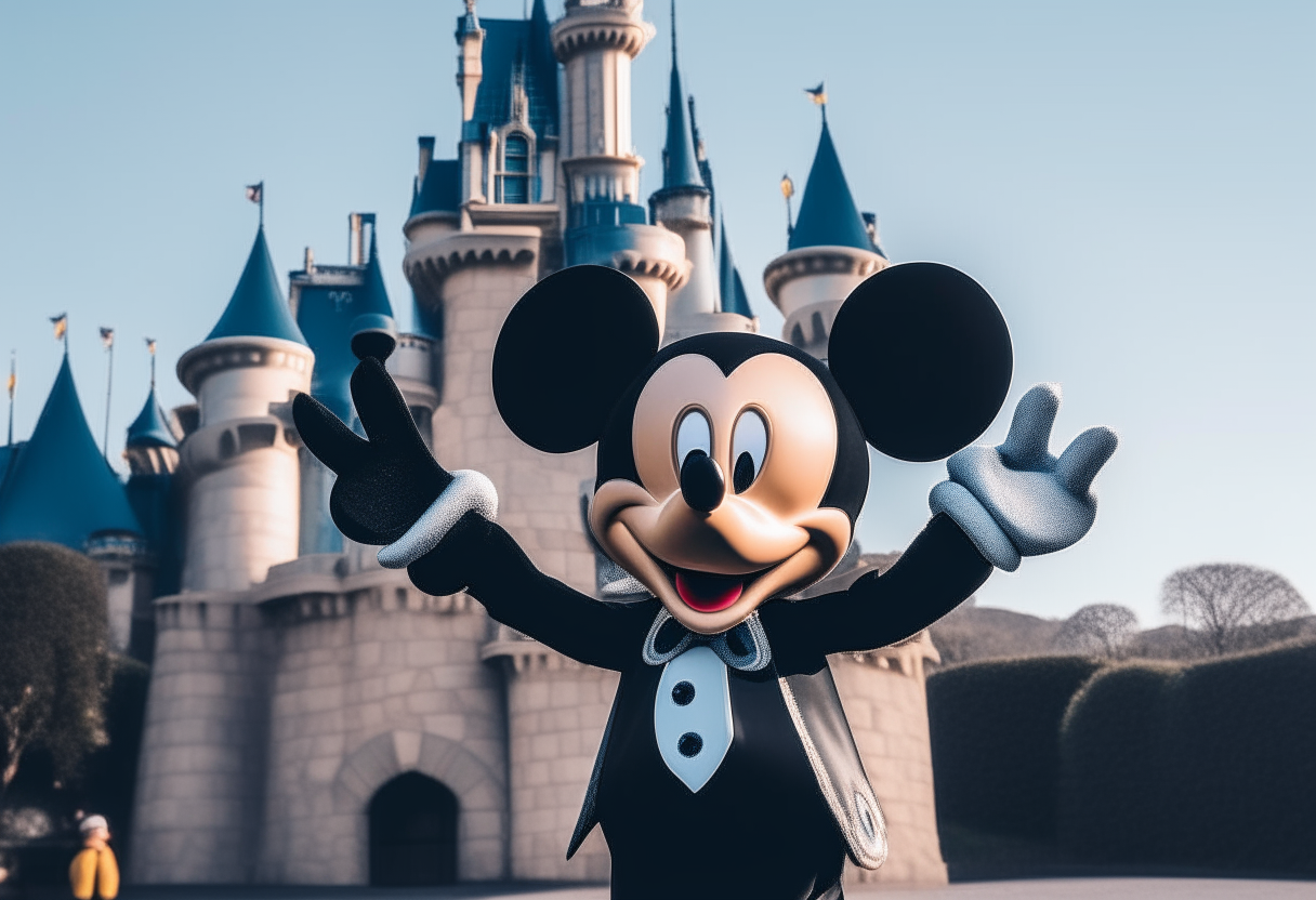 Mickey Mouse waving in front of Cinderella's castle at Disneyland