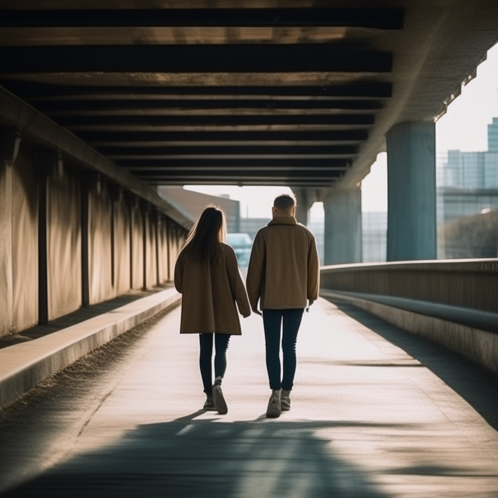 street under the overpass: a guy and a girl are walking along the street