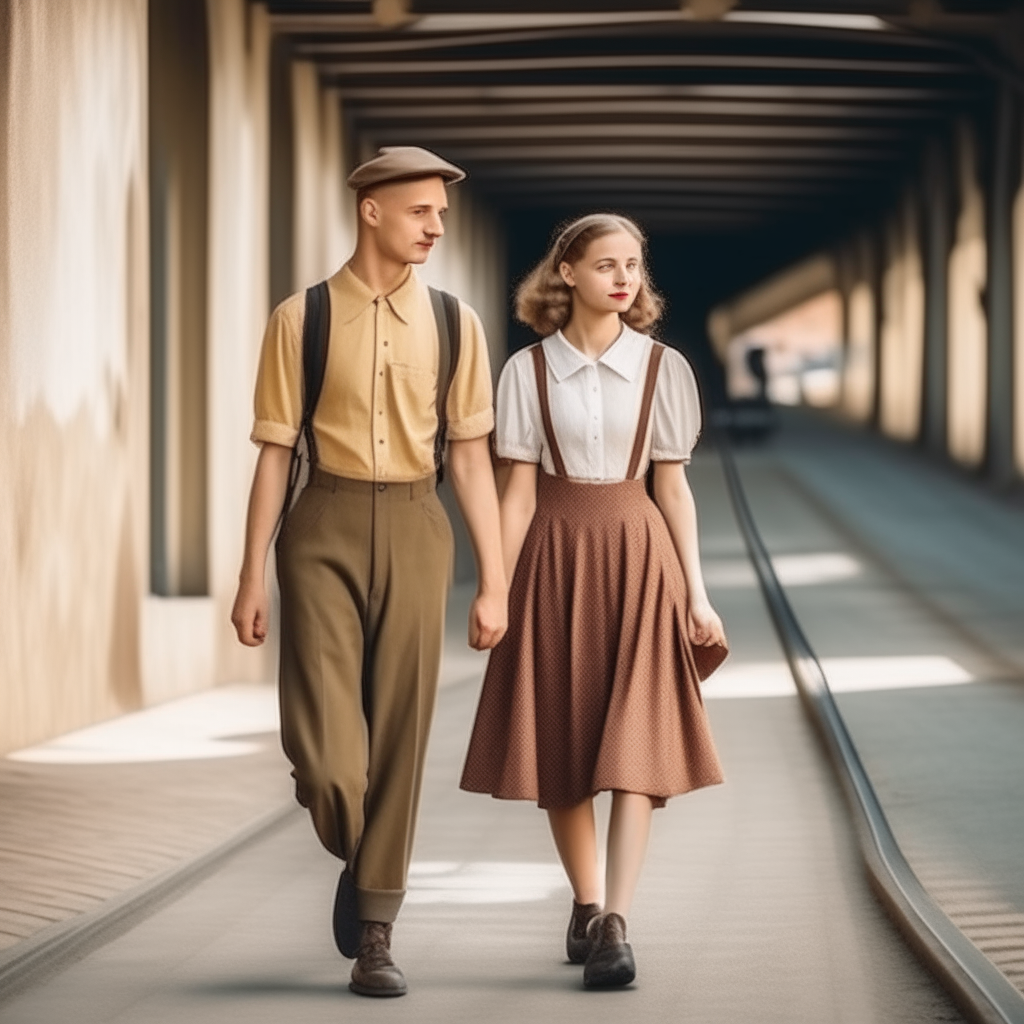 street under the overpass: a guy and a girl are walking along the street, the girl is dressed in a dress, she has a short square, the guy is in work overalls, retro style 1930-1940.