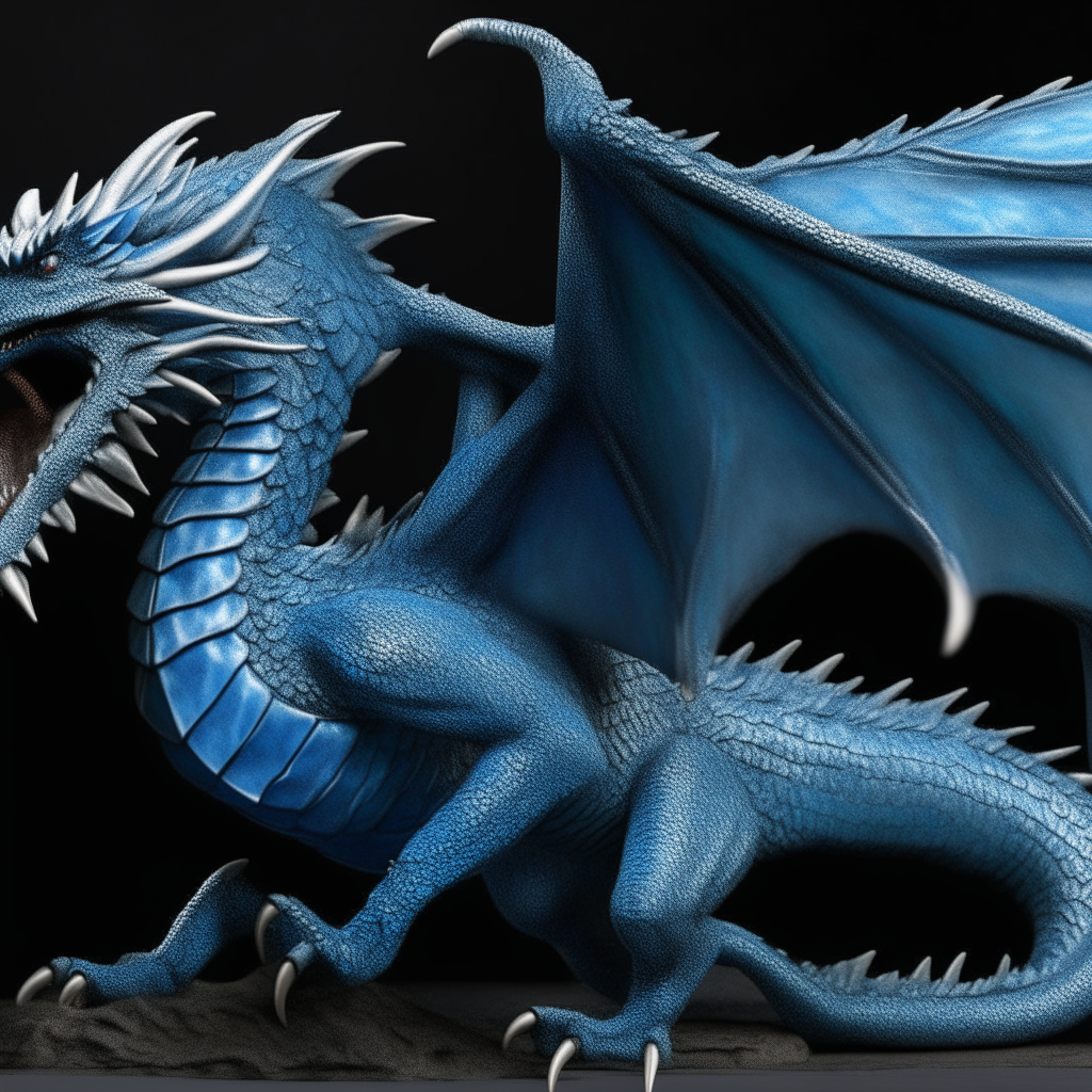 A realistic blue dragon dancing gracefully with detailed scales and wings