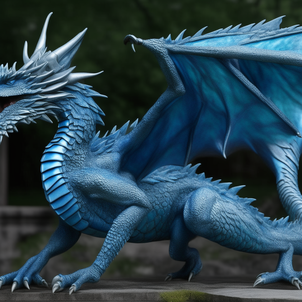 A large, realistic blue dragon with intricate scales and wings, dancing gracefully outdoors