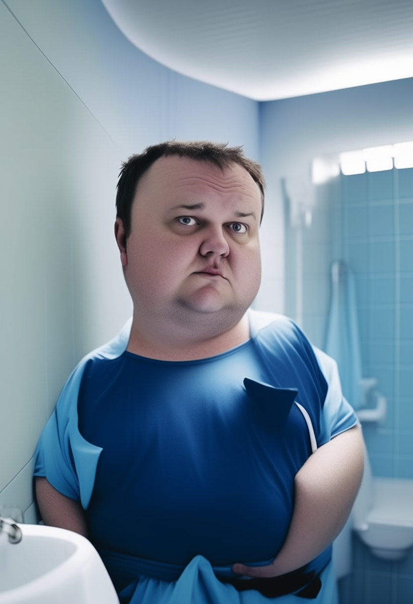 A fat man wearing a blue shirt standing in a bathroom