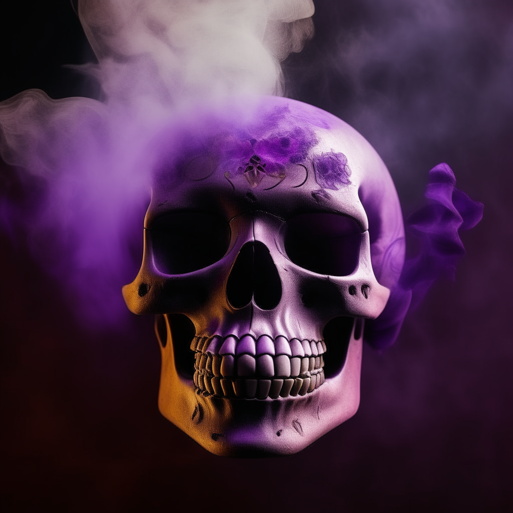 A calavera skull with purple smoke in the background