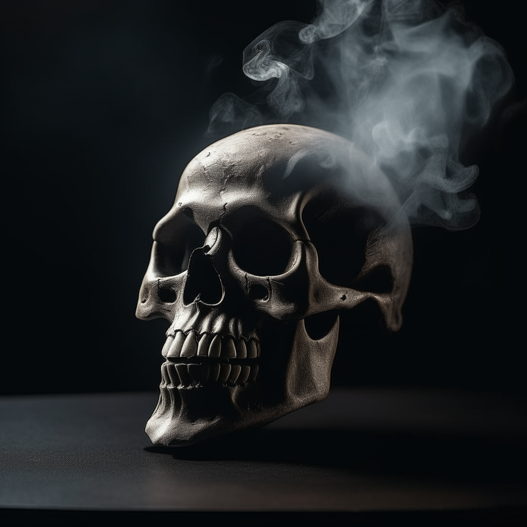 Una calavera envuelta en humo negro espeso y siniestro