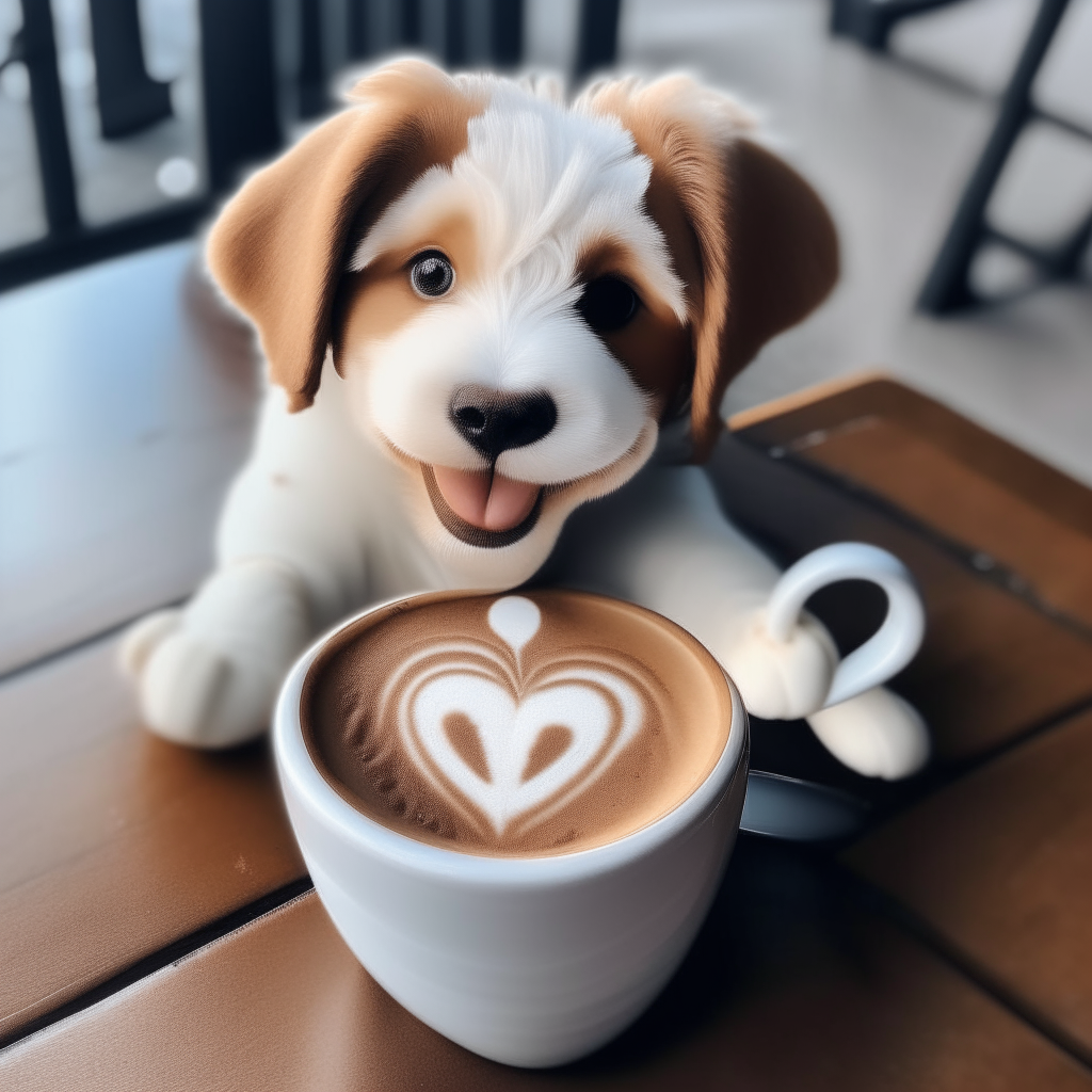 a happy puppy drinking a latte with heart-shaped foam art