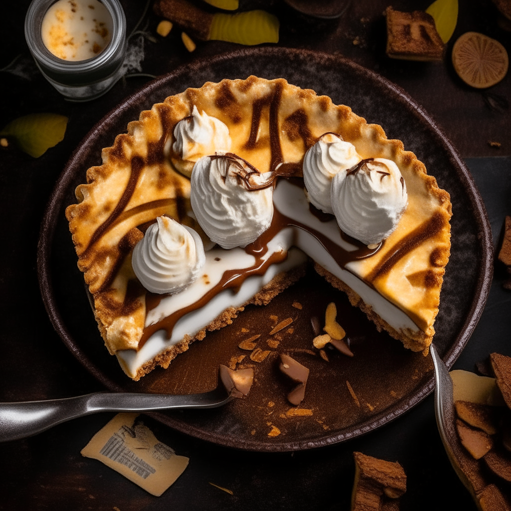 a slice of banoffee pie with a graham cracker crust, caramel sauce, fresh bananas, whipped cream, and chocolate shavings, heavenly lighting from above