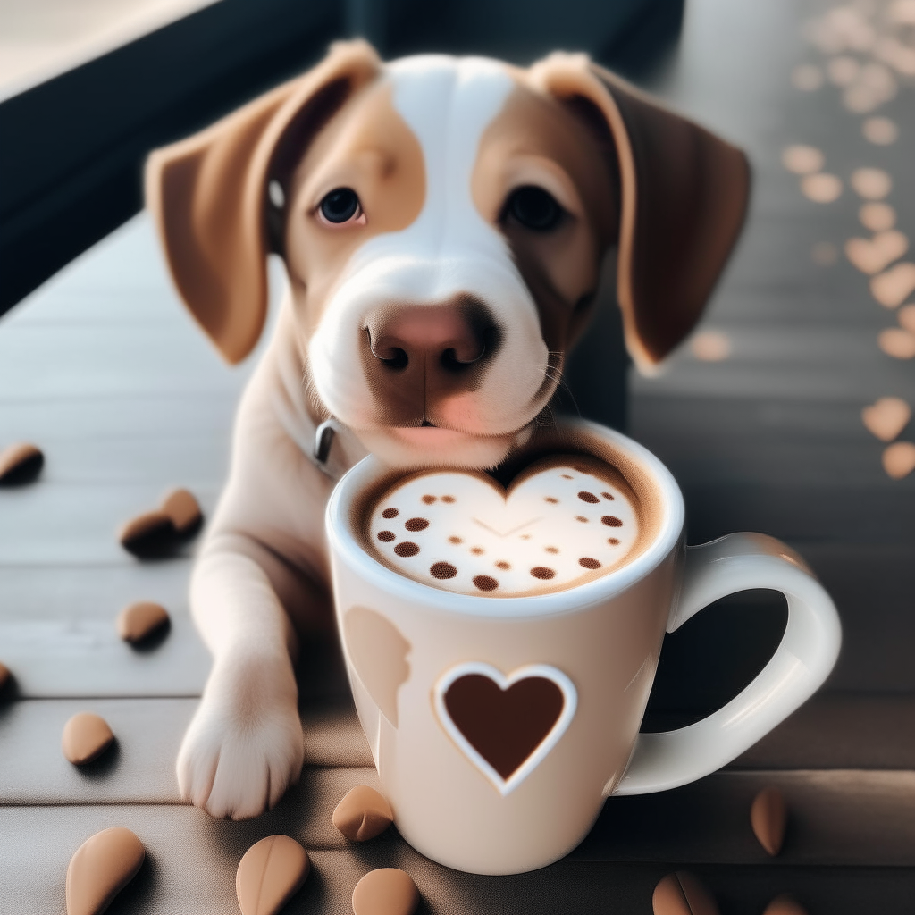 a happy puppy drinking a latte with heart-shaped foam art in the shape of hearts